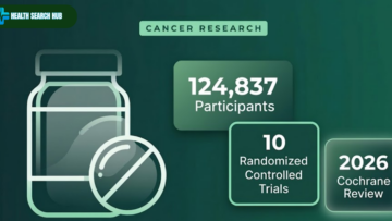 Aspirin colon cancer prevention infographic showing key findings from the 2026 Cochrane review of 124,837 participants across 10 randomized controlled trials