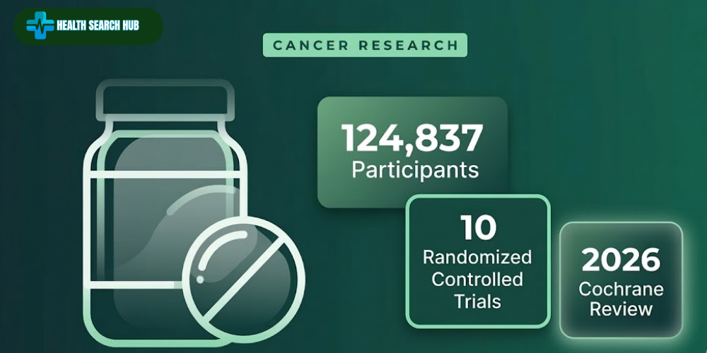 Aspirin colon cancer prevention infographic showing key findings from the 2026 Cochrane review of 124,837 participants across 10 randomized controlled trials