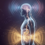 Illustration showing the brain gut connection to mental health, with glowing neural pathways linking the brain and digestive system through the vagus nerve