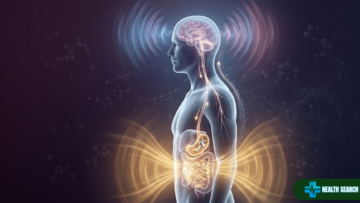 Illustration showing the brain gut connection to mental health, with glowing neural pathways linking the brain and digestive system through the vagus nerve