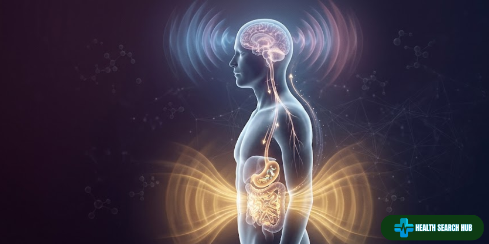 Illustration showing the brain gut connection to mental health, with glowing neural pathways linking the brain and digestive system through the vagus nerve