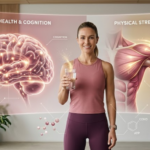 Illustration showing creatine for women with a glowing brain and muscle energy pathways representing brain health, mood support, and fitness benefits