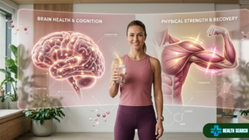 Illustration showing creatine for women with a glowing brain and muscle energy pathways representing brain health, mood support, and fitness benefits
