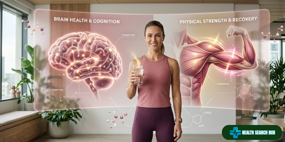 Illustration showing creatine for women with a glowing brain and muscle energy pathways representing brain health, mood support, and fitness benefits
