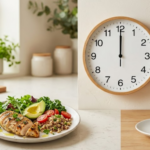 Person preparing a balanced meal during an intermittent fasting eating window with a clock showing time-restricted eating schedule