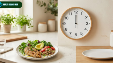 Person preparing a balanced meal during an intermittent fasting eating window with a clock showing time-restricted eating schedule