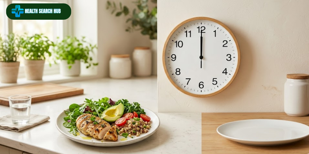 Person preparing a balanced meal during an intermittent fasting eating window with a clock showing time-restricted eating schedule