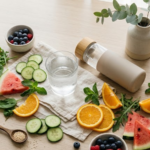 Glass of water surrounded by water-rich fruits and vegetables on a wooden table with a reusable water bottle showing daily hydration sources