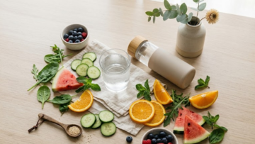 Glass of water surrounded by water-rich fruits and vegetables on a wooden table with a reusable water bottle showing daily hydration sources