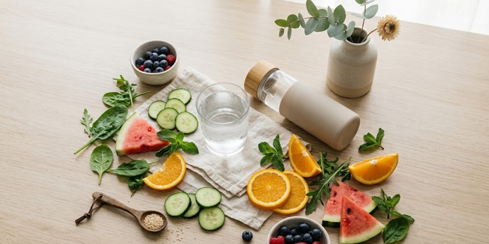 Glass of water surrounded by water-rich fruits and vegetables on a wooden table with a reusable water bottle showing daily hydration sources
