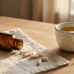 Magnesium glycinate supplement capsules beside chamomile tea and lavender on a calm evening-lit surface for sleep and anxiety support
