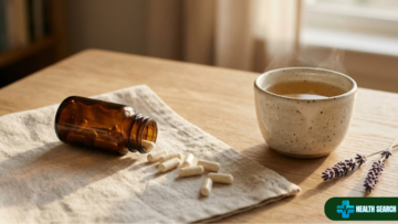 Magnesium glycinate supplement capsules beside chamomile tea and lavender on a calm evening-lit surface for sleep and anxiety support