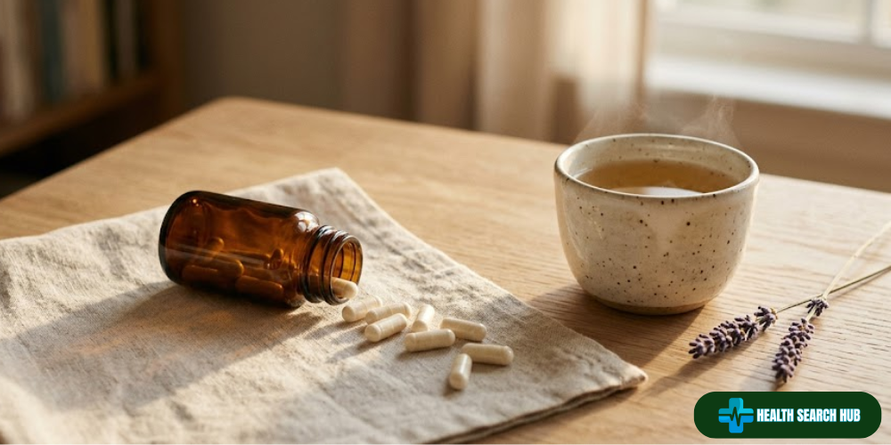 Magnesium glycinate supplement capsules beside chamomile tea and lavender on a calm evening-lit surface for sleep and anxiety support