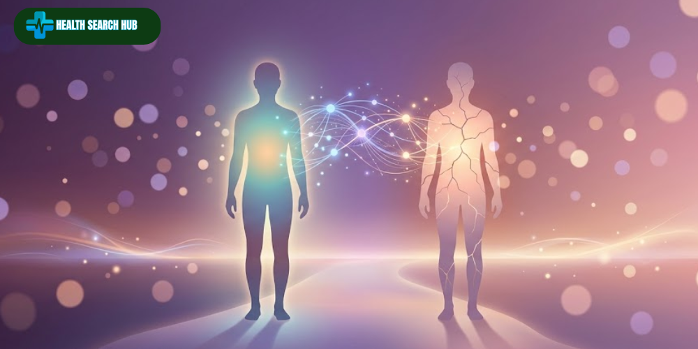 Mental health vs mental illness visual comparison showing two glowing human silhouettes connected by a luminous bridge representing the dual continua model with a calming plum and mauve gradient background