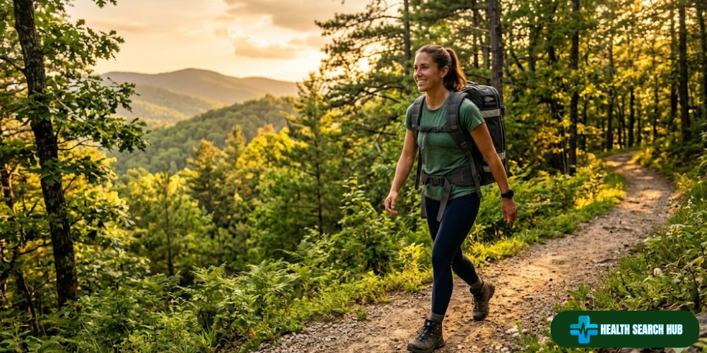 Rucking for weight loss — person walking with a weighted backpack on a trail