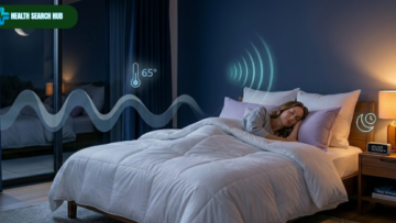 Best sleep hygiene tips guide showing ideal bedroom environment with cool temperature dark curtains white noise machine and calming pre-sleep routine for better quality rest