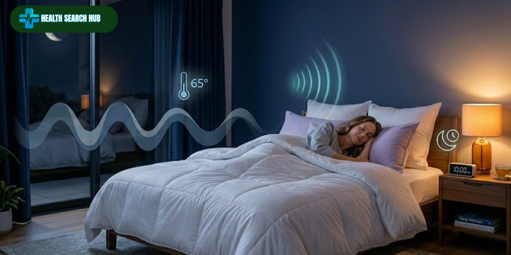 Best sleep hygiene tips guide showing ideal bedroom environment with cool temperature dark curtains white noise machine and calming pre-sleep routine for better quality rest