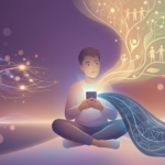 Social media and mental health illustration showing a person holding a glowing smartphone emitting contrasting streams of warm and cool light representing the benefits and risks of social media use on mental well-being