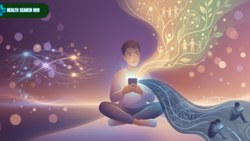 Social media and mental health illustration showing a person holding a glowing smartphone emitting contrasting streams of warm and cool light representing the benefits and risks of social media use on mental well-being