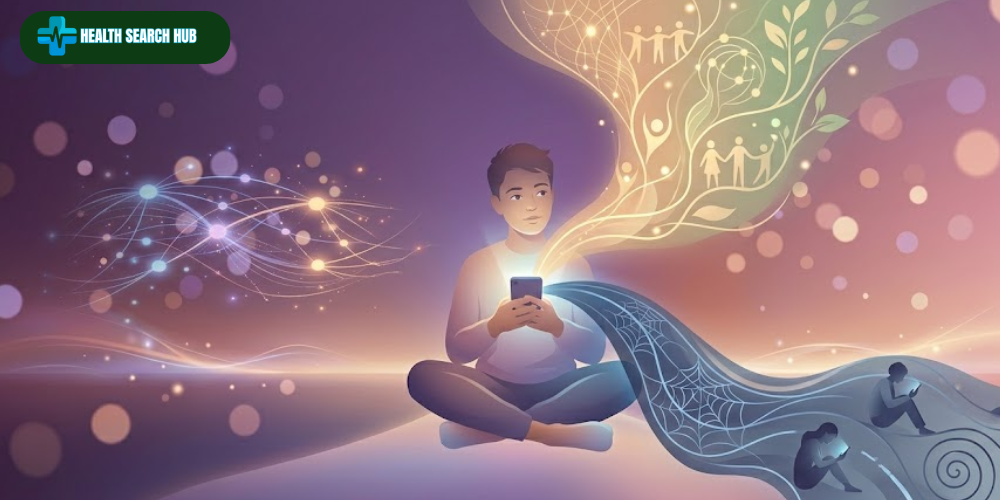 Social media and mental health illustration showing a person holding a glowing smartphone emitting contrasting streams of warm and cool light representing the benefits and risks of social media use on mental well-being