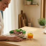 Iron-rich foods including leafy greens, lentils, and red meat arranged in a bowl with orange juice, representing dietary sources to address iron deficiency in women