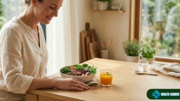 Iron-rich foods including leafy greens, lentils, and red meat arranged in a bowl with orange juice, representing dietary sources to address iron deficiency in women