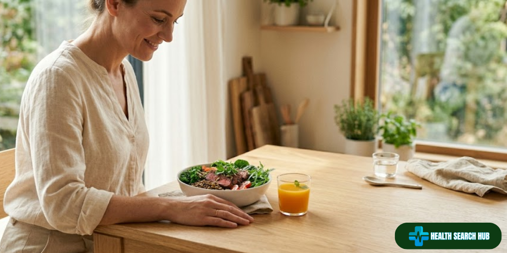 Iron-rich foods including leafy greens, lentils, and red meat arranged in a bowl with orange juice, representing dietary sources to address iron deficiency in women