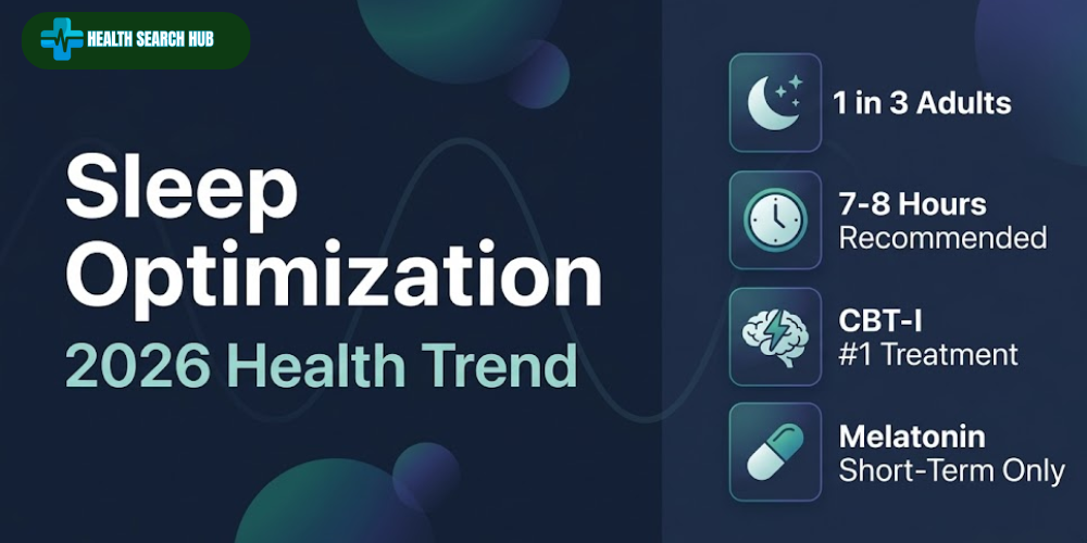 Things to help you sleep infographic showing sleep optimization trends for 2026 including CBT-I therapy melatonin supplements and sleep hygiene statistics