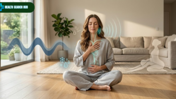 Vagus nerve exercises at home including deep breathing cold water exposure humming and yoga with illustrated vagus nerve pathway for stress relief and nervous system health