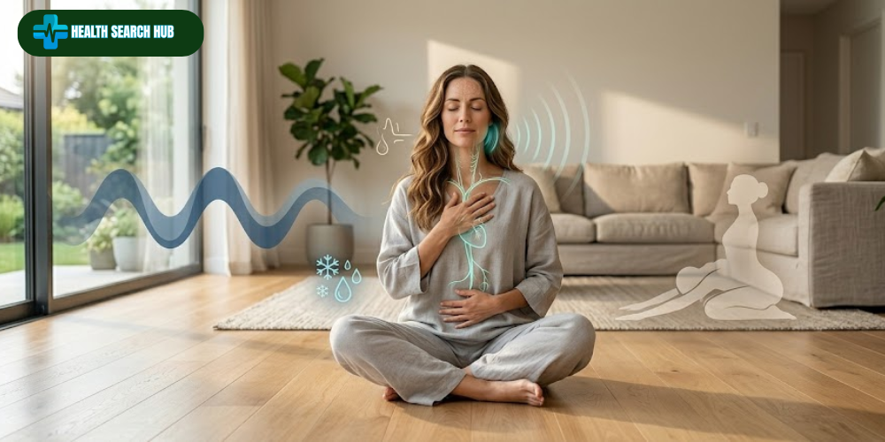 Vagus nerve exercises at home including deep breathing cold water exposure humming and yoga with illustrated vagus nerve pathway for stress relief and nervous system health