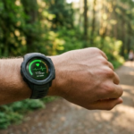 Heart rate monitor watch on a wrist displaying zone 2 cardio heart rate data on a sunlit outdoor walking trail