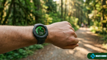 Heart rate monitor watch on a wrist displaying zone 2 cardio heart rate data on a sunlit outdoor walking trail