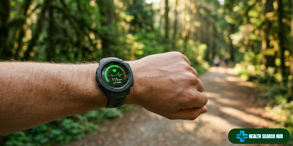 Heart rate monitor watch on a wrist displaying zone 2 cardio heart rate data on a sunlit outdoor walking trail